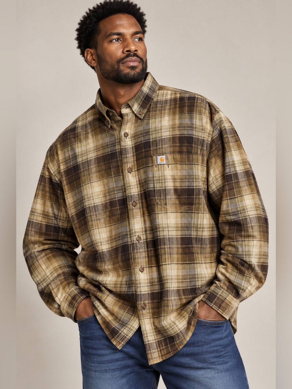 Carhartt 3XL Relaxed Fit Plaid Flannel Shirt Brown Tan Stretch Work Wear Layer